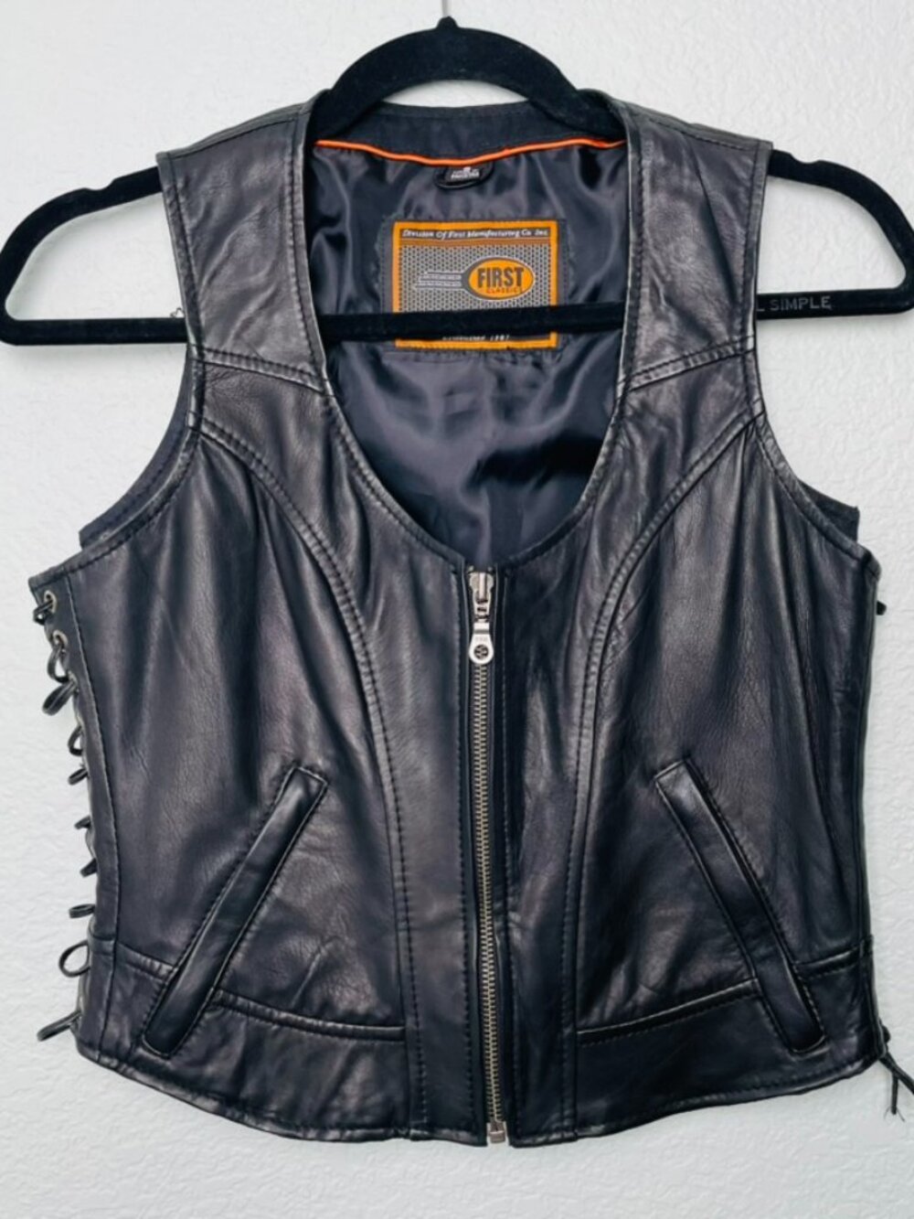 First Classics Women's Small Black Leather Biker Vest Zipper Front Side Lace